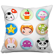 Set Of Badges With The Kawaii (cute) Japanese Style Characters Pillows 12244627