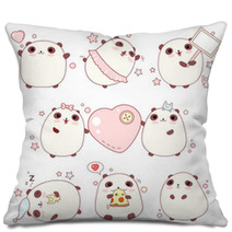 Set Of Cute Pandas In Kawaii Style Pillows 132798724
