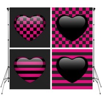 Set Of Four Glossy Emo Hearts. Pink And Black Chess And Stripes Backdrops 39492503