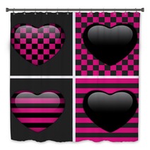 Set Of Four Glossy Emo Hearts. Pink And Black Chess And Stripes Bath Decor 39492503