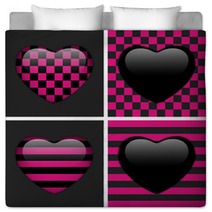Set Of Four Glossy Emo Hearts. Pink And Black Chess And Stripes Bedding 39492503