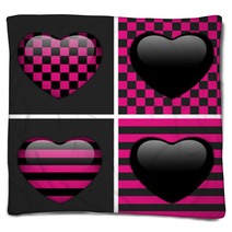 Set Of Four Glossy Emo Hearts. Pink And Black Chess And Stripes Blankets 39492503
