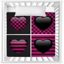 Set Of Four Glossy Emo Hearts. Pink And Black Chess And Stripes Nursery Decor 39492503