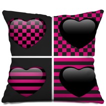 Set Of Four Glossy Emo Hearts. Pink And Black Chess And Stripes Pillows 39492503