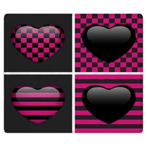 Set Of Four Glossy Emo Hearts. Pink And Black Chess And Stripes Rugs 39492503