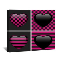 Set Of Four Glossy Emo Hearts. Pink And Black Chess And Stripes Wall Art 39492503