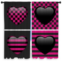 Set Of Four Glossy Emo Hearts. Pink And Black Chess And Stripes Window Curtains 39492503