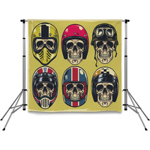 Set Of Hand Drawing Skulls Wearing Various Of Motorcycle Helmet Backdrops 141581299
