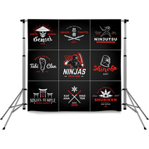 Set Of Japan Ninjas Logo Katana Weapon Insignia Design Vintage Ninja Mascot Badge Martial Art Team T Shirt Illustration Concept Backdrops 101096662