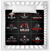Set Of Japan Ninjas Logo Katana Weapon Insignia Design Vintage Ninja Mascot Badge Martial Art Team T Shirt Illustration Concept Nursery Decor 101096662
