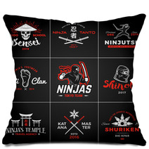 Set Of Japan Ninjas Logo Katana Weapon Insignia Design Vintage Ninja Mascot Badge Martial Art Team T Shirt Illustration Concept Pillows 101096662