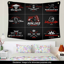 Set Of Japan Ninjas Logo Katana Weapon Insignia Design Vintage Ninja Mascot Badge Martial Art Team T Shirt Illustration Concept Wall Art 101096662