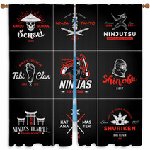 Set Of Japan Ninjas Logo Katana Weapon Insignia Design Vintage Ninja Mascot Badge Martial Art Team T Shirt Illustration Concept Window Curtains 101096662
