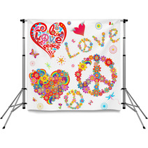 Set Of Peace Flower Symbol And Floral Hearts Backdrops 61532912
