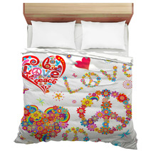 Set Of Peace Flower Symbol And Floral Hearts Bedding 61532912