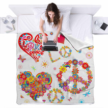 Set Of Peace Flower Symbol And Floral Hearts Blankets 61532912