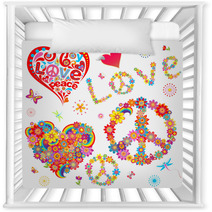 Set Of Peace Flower Symbol And Floral Hearts Nursery Decor 61532912