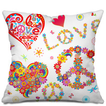 Set Of Peace Flower Symbol And Floral Hearts Pillows 61532912