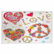 Set Of Peace Flower Symbol And Floral Hearts Rugs 61532912