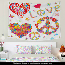 Set Of Peace Flower Symbol And Floral Hearts Wall Art 61532912