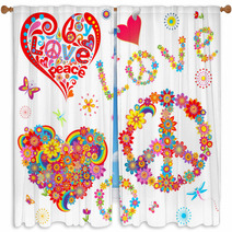 Set Of Peace Flower Symbol And Floral Hearts Window Curtains 61532912