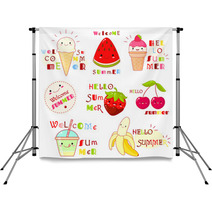 Set Of Summertime Icons With Cute Fruits Backdrops 206808886