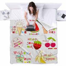 Set Of Summertime Icons With Cute Fruits Blankets 206808886