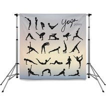 Set Of Yoga Poses Silhouettes On Blurred Background Backdrops 108981437