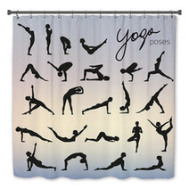 Set Of Yoga Poses Silhouettes On Blurred Background Bath Decor 108981437