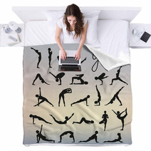 Set Of Yoga Poses Silhouettes On Blurred Background Blankets 108981437