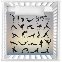 Set Of Yoga Poses Silhouettes On Blurred Background Nursery Decor 108981437