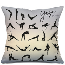 Set Of Yoga Poses Silhouettes On Blurred Background Pillows 108981437