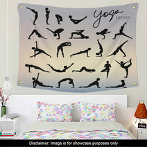 Set Of Yoga Poses Silhouettes On Blurred Background Wall Art 108981437