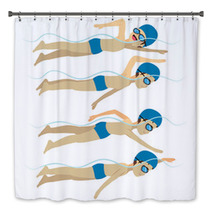 Set With Athlete Man Swimming Free Style Stroke On Various Different Poses Training Bath Decor 108487592