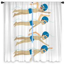 Set With Athlete Man Swimming Free Style Stroke On Various Different Poses Training Window Curtains 108487592