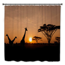 Setting Sun With Silhouettes Of Giraffes On Safari Bath Decor 46849044