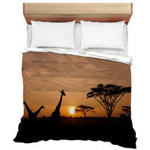 Setting Sun With Silhouettes Of Giraffes On Safari Bedding 46849044