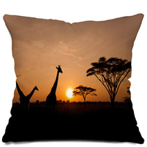Setting Sun With Silhouettes Of Giraffes On Safari Pillows 46849044