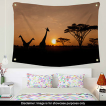 Setting Sun With Silhouettes Of Giraffes On Safari Wall Art 46849044