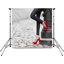 Sexy Legs In Black Leather Pants And Red High Heel Shoes Backdrops 67190361