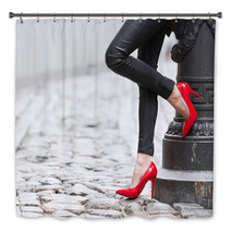 Sexy Legs In Black Leather Pants And Red High Heel Shoes Bath Decor 67190361