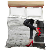 Sexy Legs In Black Leather Pants And Red High Heel Shoes Bedding 67190361