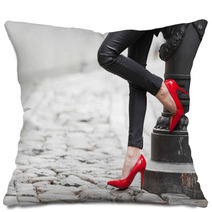 Sexy Legs In Black Leather Pants And Red High Heel Shoes Pillows 67190361