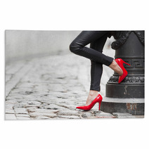 Sexy Legs In Black Leather Pants And Red High Heel Shoes Rugs 67190361