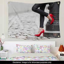 Sexy Legs In Black Leather Pants And Red High Heel Shoes Wall Art 67190361