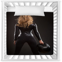 Sexy Woman Back And Butts In Black Shiny Dress And Helmet Nursery Decor 68088889