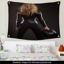 Sexy Woman Back And Butts In Black Shiny Dress And Helmet Wall Art 68088889