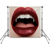 Sexy Woman Lips With Bloody Lipstick Fashion Glamour Halloween Art Design Vampire Girl Getting Ready To Celebrate Halloween Backdrops 171422560