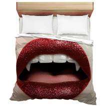 Sexy Woman Lips With Bloody Lipstick Fashion Glamour Halloween Art Design Vampire Girl Getting Ready To Celebrate Halloween Bedding 171422560