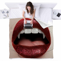 Sexy Woman Lips With Bloody Lipstick Fashion Glamour Halloween Art Design Vampire Girl Getting Ready To Celebrate Halloween Blankets 171422560